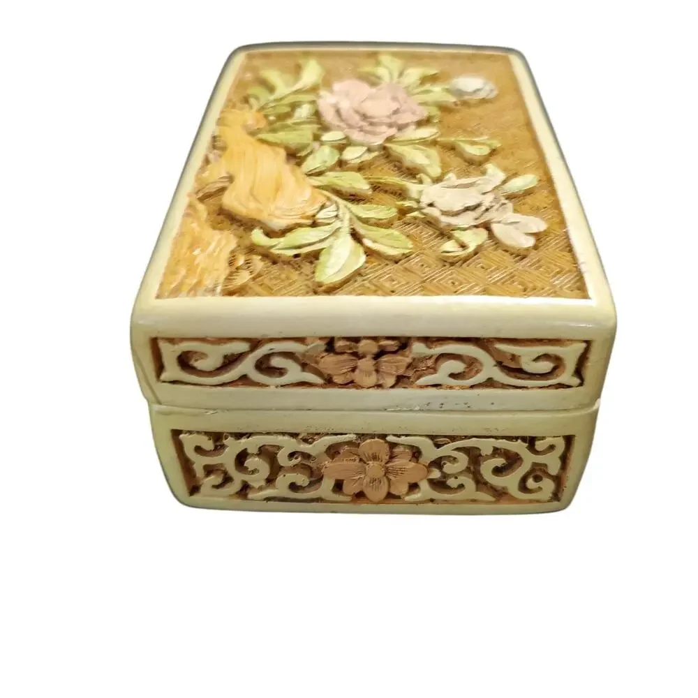 Vintage Ivory Cinnabar Floral Carved Trinket/Jewelry Box & Lid Purple Rose MCM